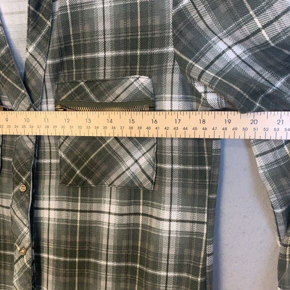 Eden & Olivia Green White Plaid Button Down Shirt Zip Pocket Top Small Womens - Picture 7 of 10